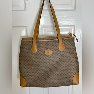 GUCCI Micro GG Logo Large Shoulder Handbag Tote Purse PVC Tan Leather​​​​​​​​​​​